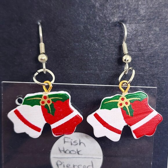 Holiday Christmas Green Red Gold Bells & Holly Handmade Dangle Pierced Earrings - Picture 1 of 4